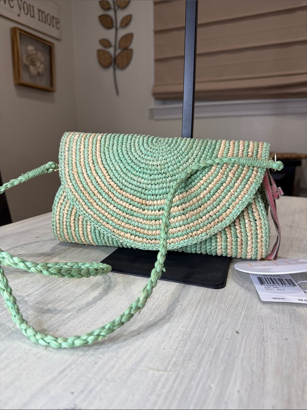 Woven Boho Crossbody Bag/Clutch in Mint Green and Natural Beige